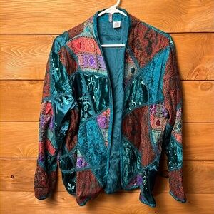 Anu Blazer Womens‎ XL Rich Funky Paisley Velvet Teal Blue Patchwork Art-to-Wear